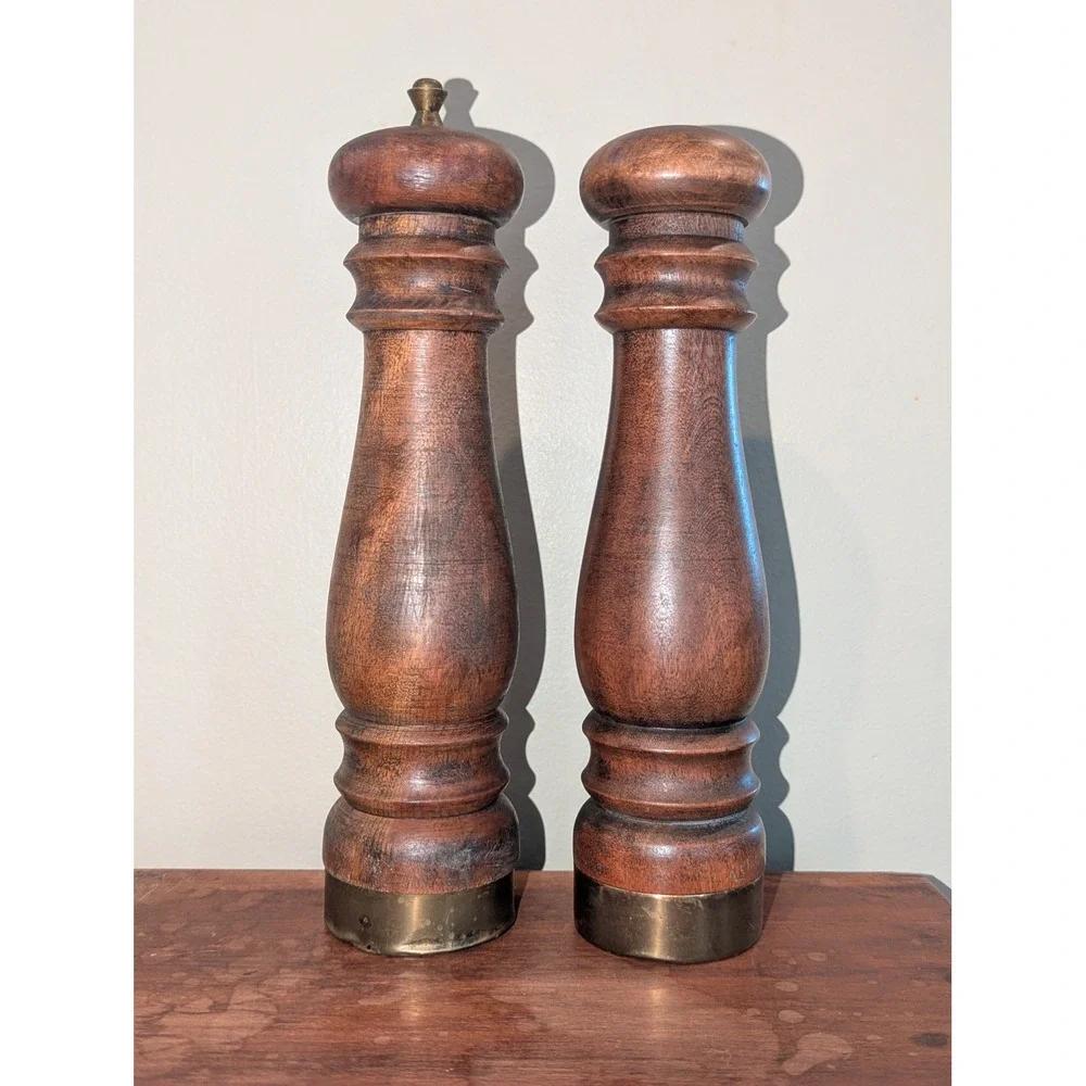 Vintage Wood Salt and Pepper Mill Set Brass Accents Made in Japan Mid Century